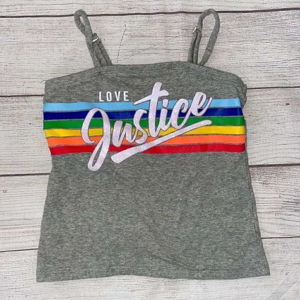 Justice rainbow graphic print fitted tank w/adjustable straps grey sz 8 girls